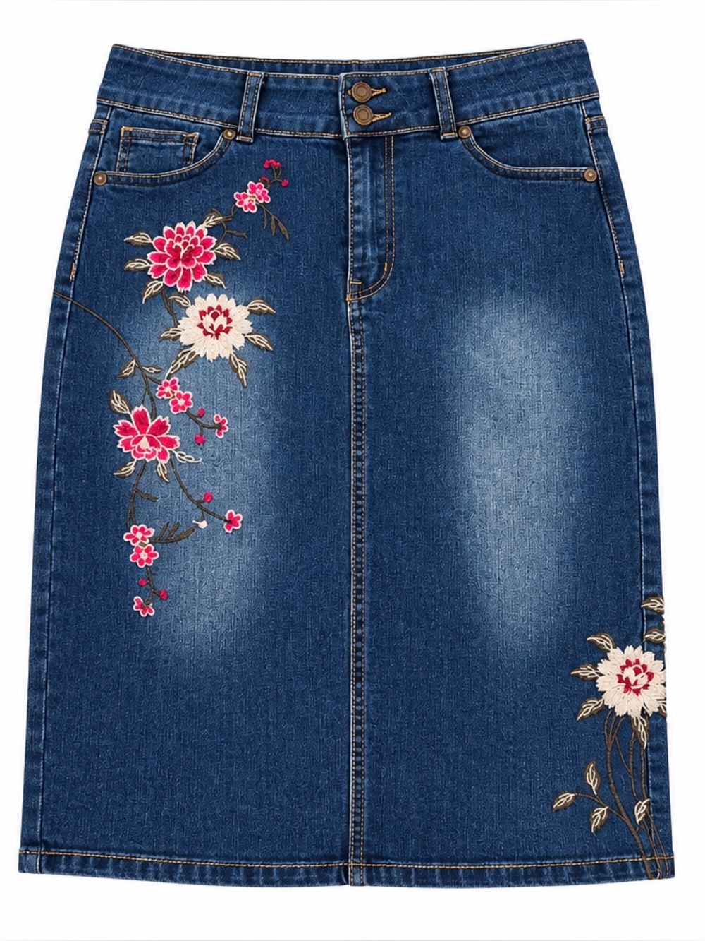 Sandpiper Denim Embroidered Floral Pencil Skirt - Blue 12P